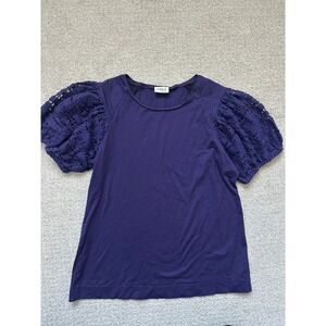 Akris punto Chic Crochet Sleeve Top Size L Purple Textured Puff Sleeve